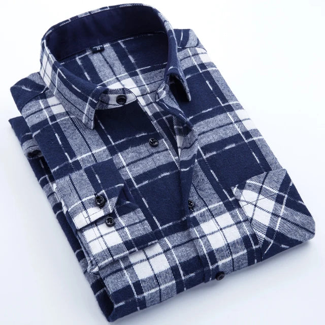 Men's Slim-fit Casual Brushed Flannel Contrast Plaid Shirt Single Patch Chest Pocket Comfortable Soft Long Sleeve Gingham Shirts