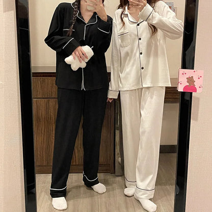 Black Sleepwear Women Pajama Sets Korean Pajama Autumn Pants Sets for Women 2 Pieces Button Night Wears Long Sleeve Home Suit