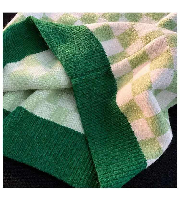 Men's Checkerboard Plaid V-neck Knitted Vest Female Spring Autumn Loose Couple Sweater Coat Sleeveless Vests Casual Tops