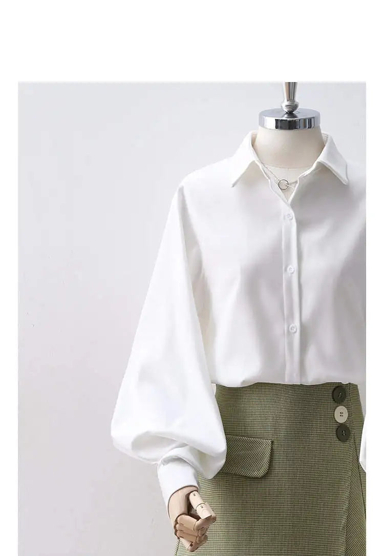 Lantern Sleeves Vintage Shirts Women Elegant White Women's Blouse with Lush Sleeves 2025 Fashion Button Up Shirt Black dropship