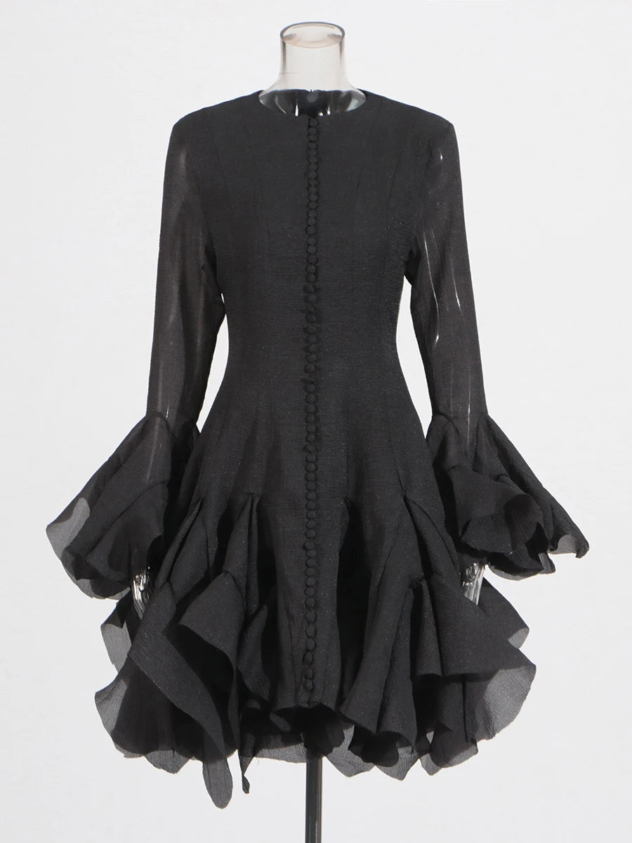 Girl's Dress Irregular Pleated Patchwork Fashion Long Lantern Sleeve Waist Cinching Mini Dress 2025 New