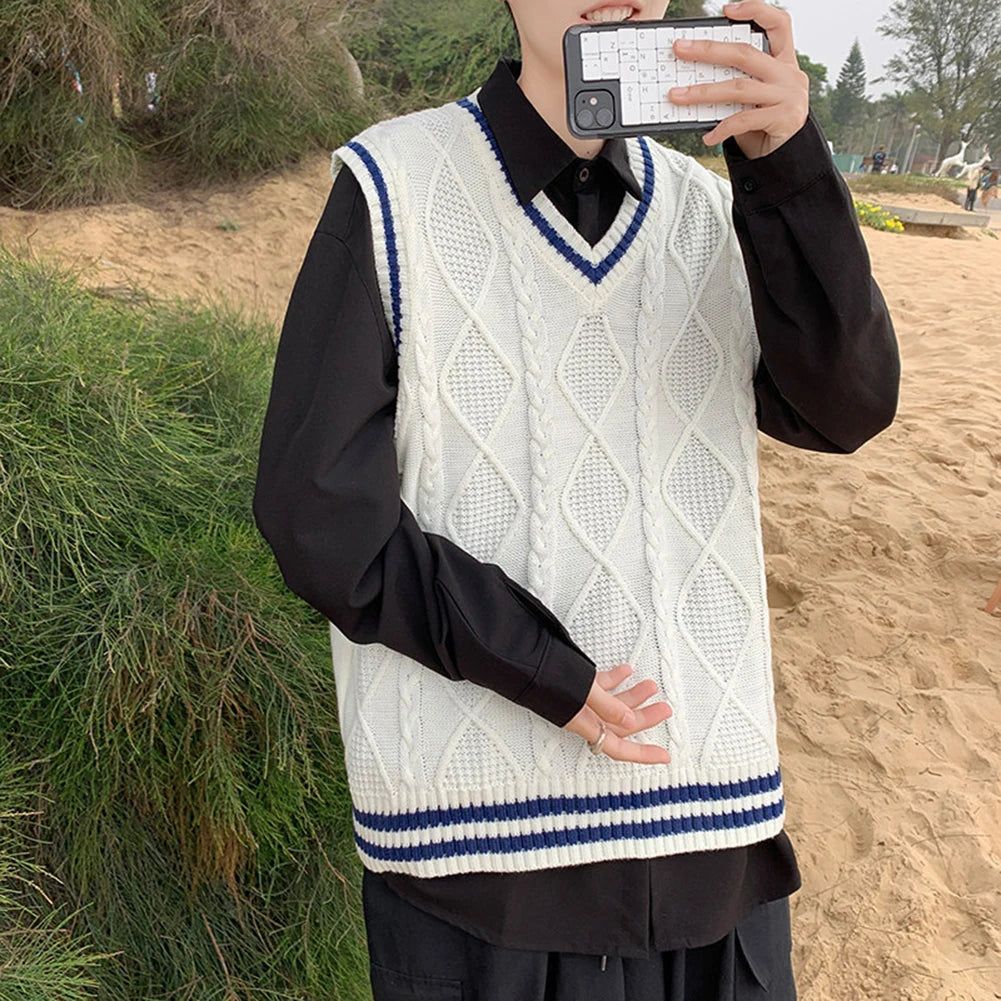 Men's Classic Contrast Color Thermal V-Neck Comfortable Cardigan Sleeveless Slight Stretch Solid Vest Simple Loose Waistcoat Tops