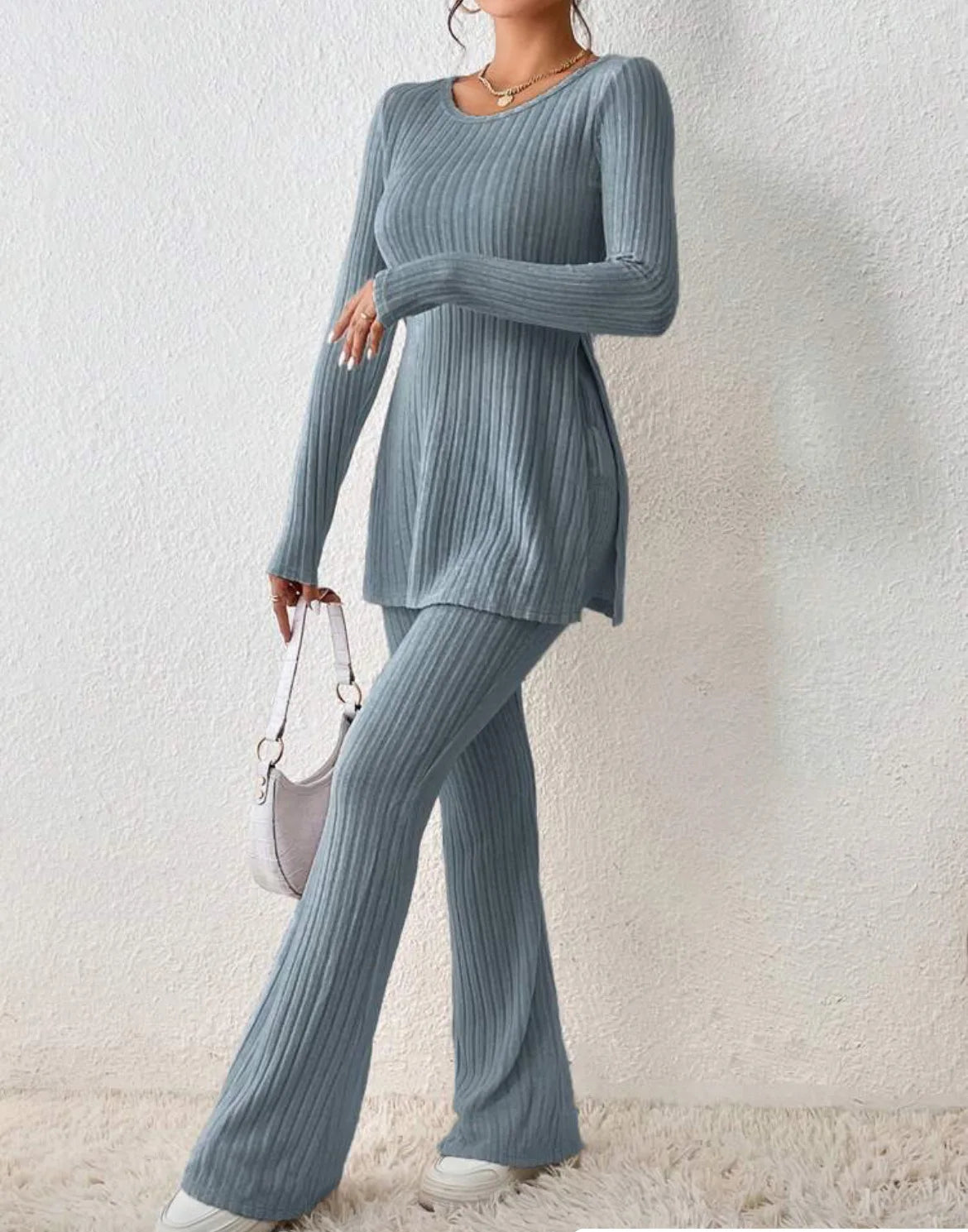 Autumn Winter Women's Clothing New Style Solid Color Sexy Casual Long Sleeved Round Neck Slit Fashion Temperament Two-piece Set