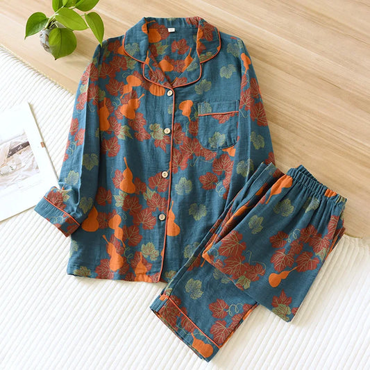 Japanese Spring and Autumn New Women's Pajama Set 100% Cotton Vintage Long Sleeved Pants Two Piece Set for Home Furnishings