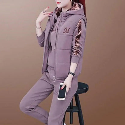 3Pcs/Set Simple Waistcoat Hoodie Pants Patchwork Color Women Tracksuit Multi Pockets Cold Resistant