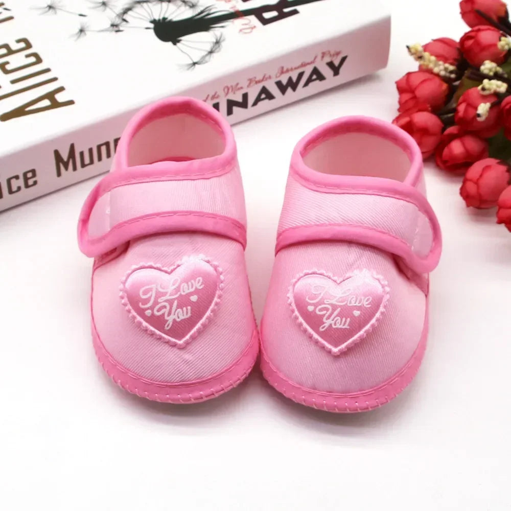 Infant Baby Girls Flats Letter Printing Love Pattern Soft Sole Non-slip Flower Princess Wedding Dress Walking Shoes for Newborn