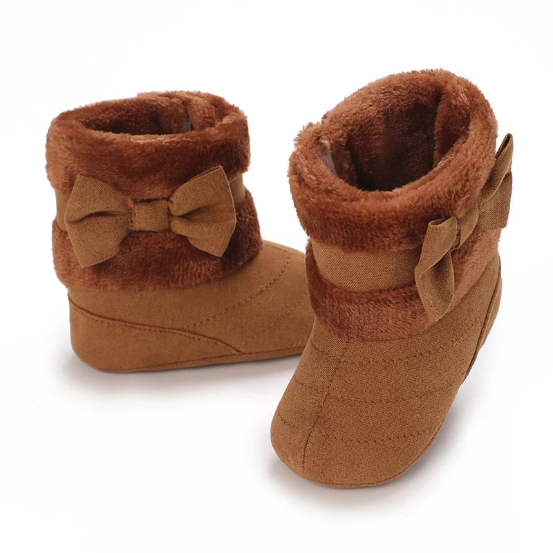 Cute Bowknot Comfortable Boots For Baby Girls Soft Warm Plus Fleece Boots For Indoor Walking Autumn And Winter