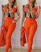 Womens Elegant Slim Two-Piece Sets Summer Fashion Print V Neck Button Flying Sleeve Shirt Top & Solid Long Pants Suits With Belt
