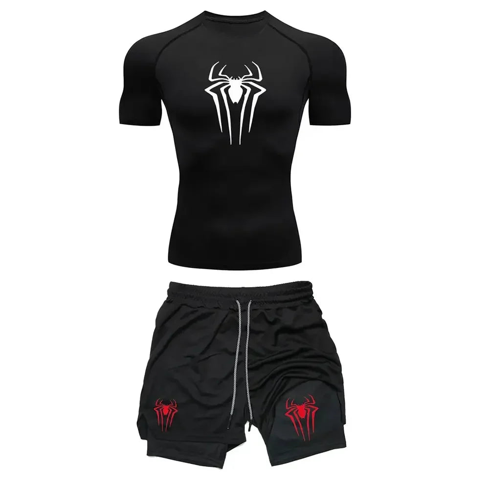 Men's Workout Compression Set Y2K Spider Printed Gym T-shirts Breathable Running Shorts Quick Dry Sports Rash Guard Sportwear Set