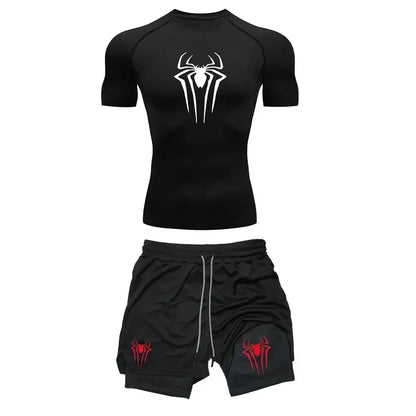Men's Workout Compression Set Y2K Spider Printed Gym T-shirts Breathable Running Shorts Quick Dry Sports Rash Guard Sportwear Set