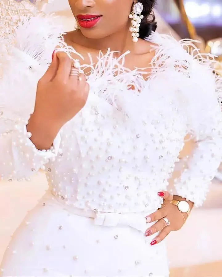 Luxury Feather Beading Party Dress For Women Sexy Off Shoulder Long Sleeve Elegant Bodycon Formal Event Evening Wedding Robes