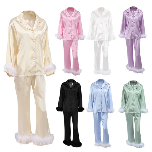 Women Spring Fall Soft Pajamas Sets Fur Feather Trim Long Sleeve Button Satin Silk Shirts Pants Loungewear Sleepwear Home wear