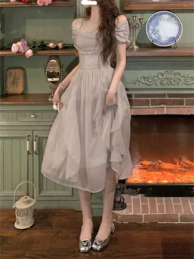 Korean Casual Midi Dress for Women 2025 New Summer Fashion Elegant Off The Shoulder Folds Ruffle Female Clothes Birthday Dress