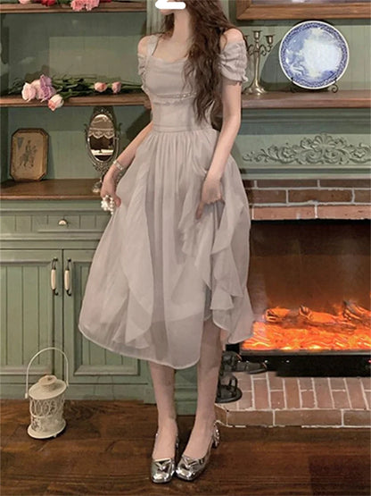 Korean Casual Midi Dress for Women 2025 New Summer Fashion Elegant Off The Shoulder Folds Ruffle Female Clothes Birthday Dress