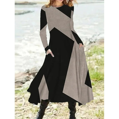 New 2025 Women's Casual Elegant Party Dress Contrast Color Ladies Spring Autumn Loose Long Sleeve Dress with Pockets Midi Dress