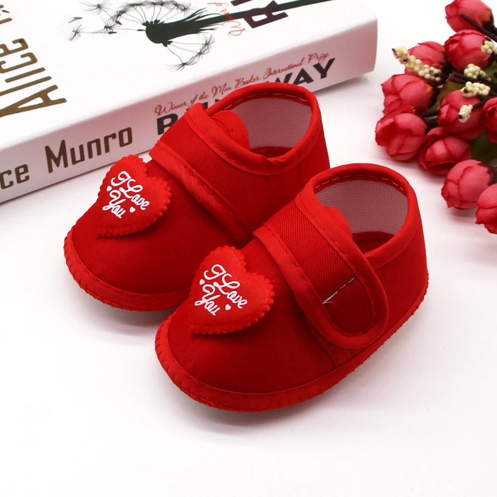 Infant Baby Girls Flats Letter Printing Love Pattern Soft Sole Non-slip Flower Princess Wedding Dress Walking Shoes for Newborn