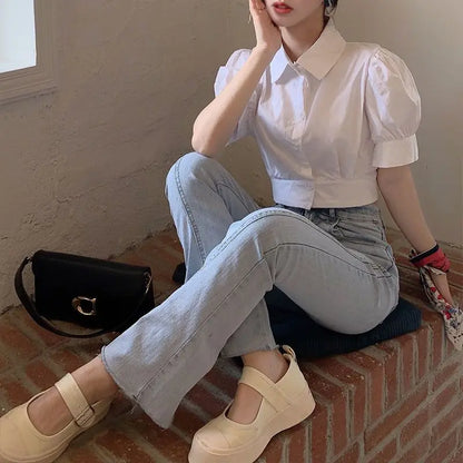Korean Fashion Women's Shirt Summer Elegant Youth Blouses Clothes Preppy Puff Sleeve White Shirts Cropped Cute Top 2025