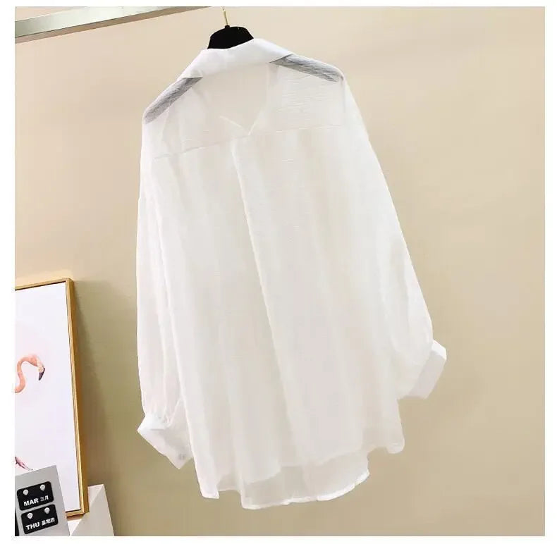 Shirts Women Sheer Thin Chic Summer Simple Solid Sun-proof Temper Fashion Baggy All-match Basic Korean Style Clothes