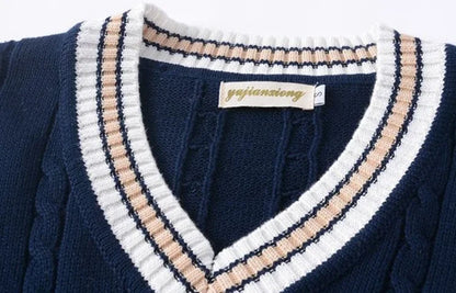 Striped White Knitted Sweaters for Men Blue Sleeveless Man Clothes V Neck Vest Red Waistcoat Jumpers Sweat-shirt Cotton