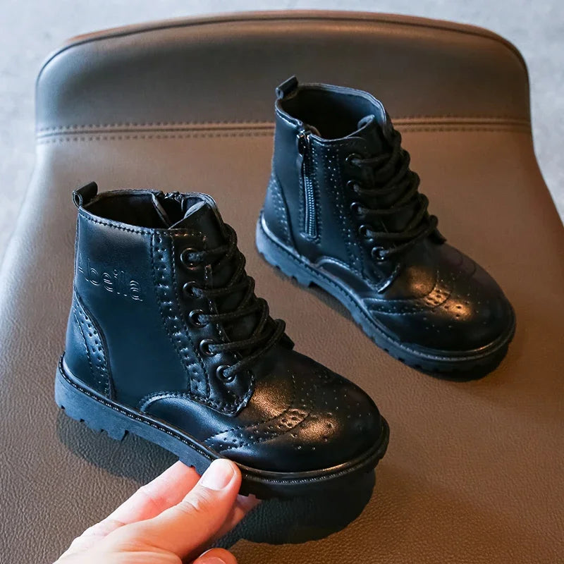 Kids Casual Boots PU Leather Black Zipper for Boys Girls Cross-tied Children Ankle High Boots Anti-skid Round Toes Soft Quality