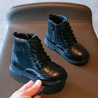 Kids Casual Boots PU Leather Black Zipper for Boys Girls Cross-tied Children Ankle High Boots Anti-skid Round Toes Soft Quality