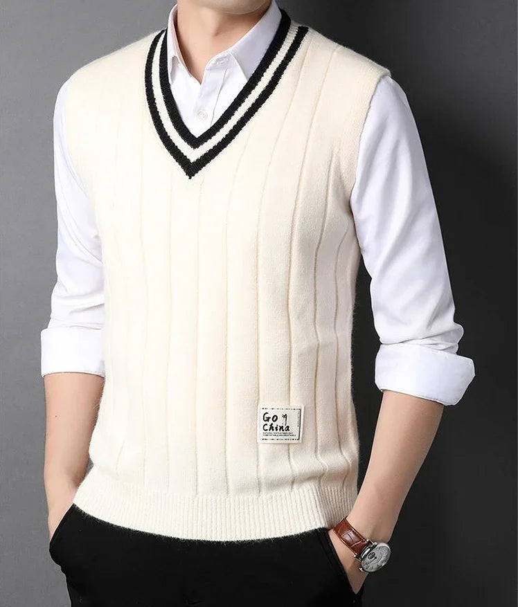 Men's Clothing Icon Knit Sweater Male Sleeveless Striped Waistcoat Vest Beige Heated Korean Style High Quality Replica Street X