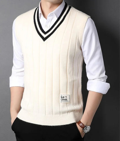 Men's Clothing Icon Knit Sweater Male Sleeveless Striped Waistcoat Vest Beige Heated Korean Style High Quality Replica Street X