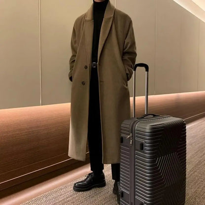 Korean Trend Men's Loose Casual Single-breasted Overcoat Autumn Winter Fashion New Long Sleeve Woolen Long Coat