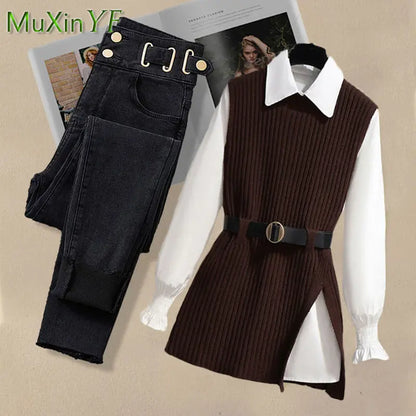 2025 Spring New Korean Elegant in Matching Set Women's Fashion Knitted Vest+ Shirt+ Jeans Three Piece Female Chic Denim Pants Suit