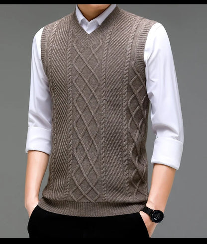 Stylish V-neck Jacquard Knit Sleeveless Sweater Vest for Men Middle-aged Men Fashion Solid Color Warm Top
