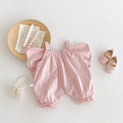 Summer New Solid Girl Infant Angel Wings Overalls Cute Children Suspenders Jumpsuit  Loose Baby Cotton Pants Kid Casual Trousers