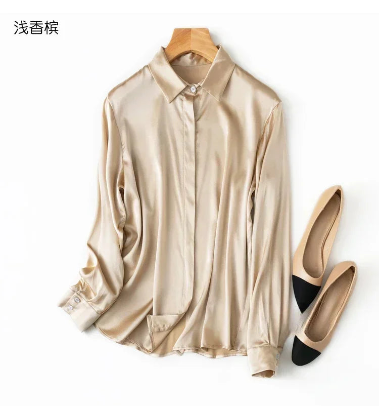 Tajiyane Women's 93% Mulberry Silk 7% Spandex 19 momme satin Silk Buttons long sleeve shirt Top Blouse office work chemise femme