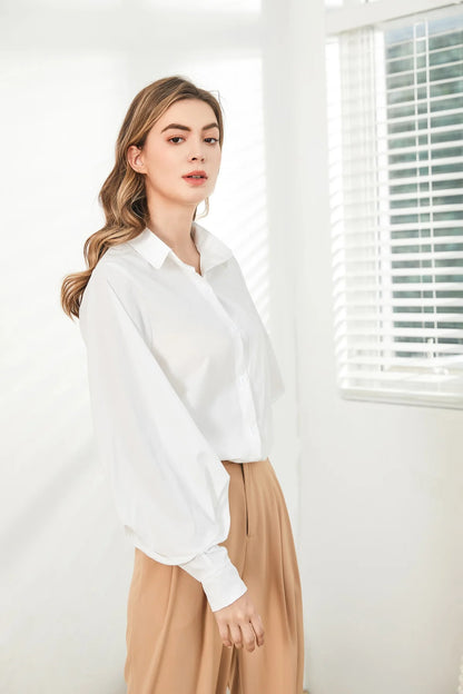 Lantern Sleeves Vintage Shirts Women Elegant White Women's Blouse with Lush Sleeves 2025 Fashion Button Up Shirt Black dropship