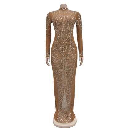 Women Sexy See Through Sheer Mesh Rhinestone Décor Long Sleeve Maxi Party Dress