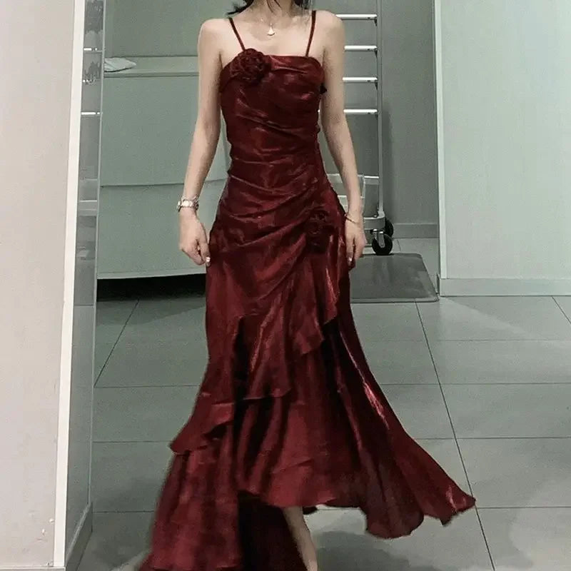 Korean Vintage Velvet Long Dress Women Luxury Slim Mermaid Spaghetti Strap Floral Dress Elegant Sexy Casual Evening Party Dress