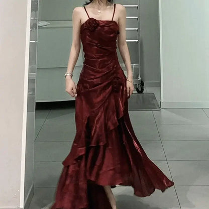 Korean Vintage Velvet Long Dress Women Luxury Slim Mermaid Spaghetti Strap Floral Dress Elegant Sexy Casual Evening Party Dress