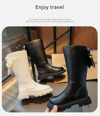 Knee Length Boots Children Shoes New 2025 Autumn Winter Fashion High Top Student Shoes Girls Princess Shoes with Bow Kids Boots