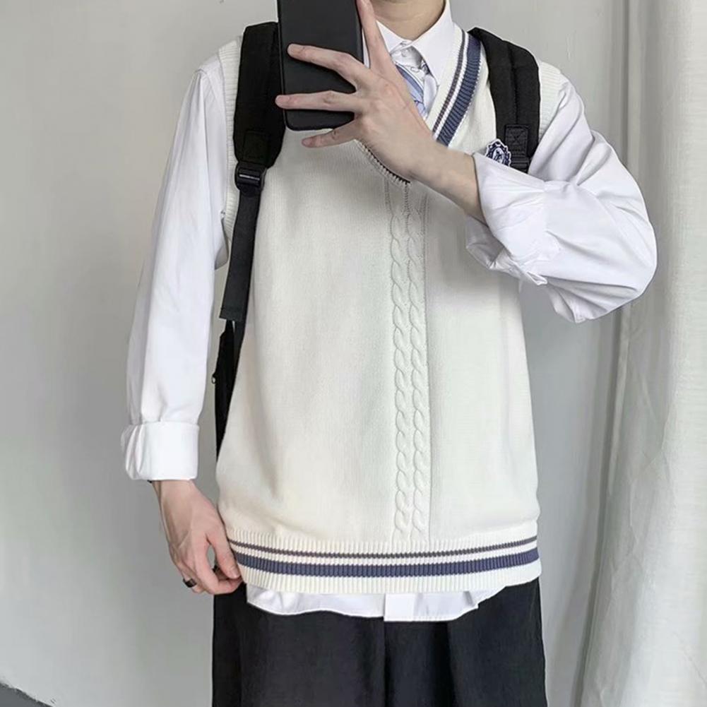 College Style Sleeveless V Neck Sweater Vest Autumn Winter Patchwork Color Twist Men Knitted Vest Daily Clothing
