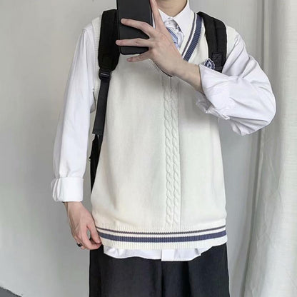 College Style Sleeveless V Neck Sweater Vest Autumn Winter Patchwork Color Twist Men Knitted Vest Daily Clothing