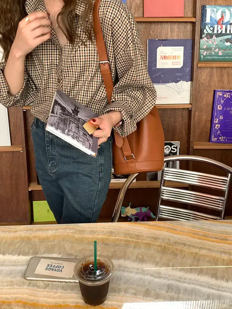 Plaid Shirts Women Retro Turn-down Collar Blouses All-match Straight Hong Kong Style Button Up Elegant Long Sleeve Outwear Femme