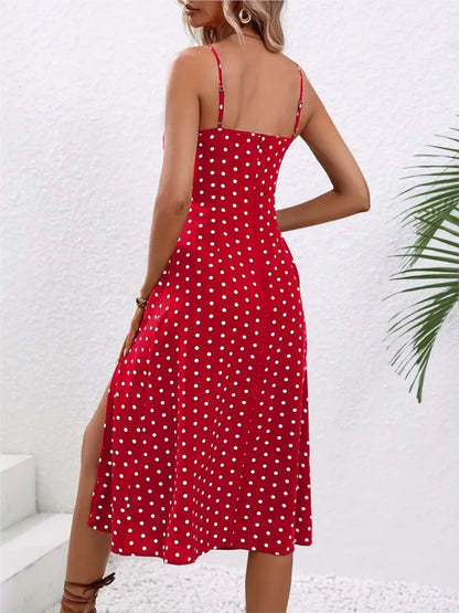 2025 Summer Sexy Spaghetti Straps Dress Women Fashion Polka Dot Print Sleeveless Slit Dress Boho Casual Beach Midi Dresses