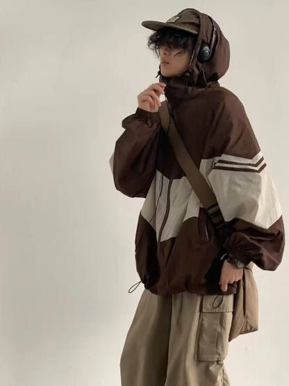 Men Jackets Hooded Baggy Patchwork Contrast Color Fashion Comfortable Waterproof Leisure Daily Retro Outer Japanese Style Chic