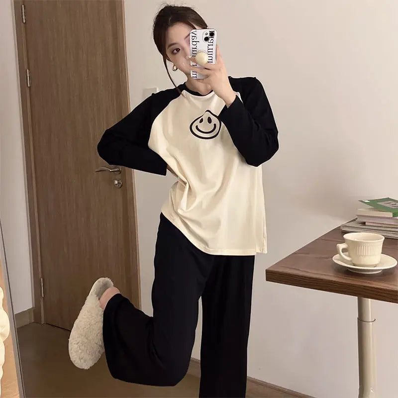 Women Spring Autumn Pajamas Set Female Solid Long-sleeved Pant Home Clothing Simple Loose Casual Smile Face Print Sleepwear XXL