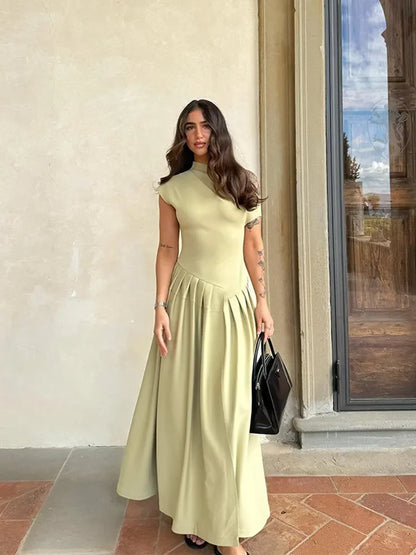 DSMTRC 2025 New Casual Office Lady Vestidos Streetwear Elegant Green Diagonal Collar Pleated Short Sleeve Patchwork Chic Dress