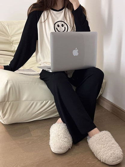 Women Spring Autumn Pajamas Set Female Solid Long-sleeved Pant Home Clothing Simple Loose Casual Smile Face Print Sleepwear XXL