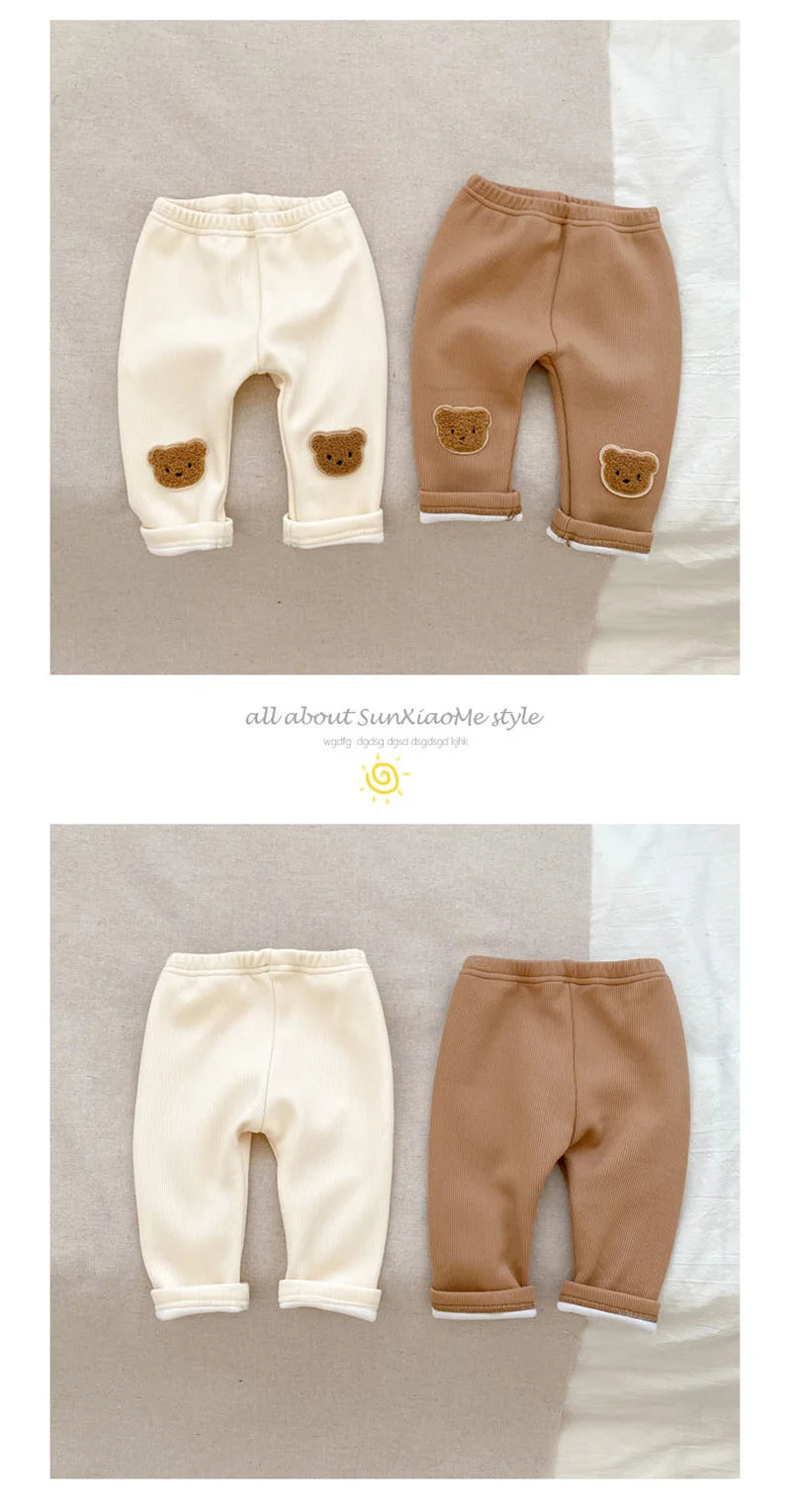 0-3T Newborn Kid Baby Boy Girl Winter Clothes Warm Plush Baby Pants Thick Cotton Stretch Bear Print Leggings Cute Outfit