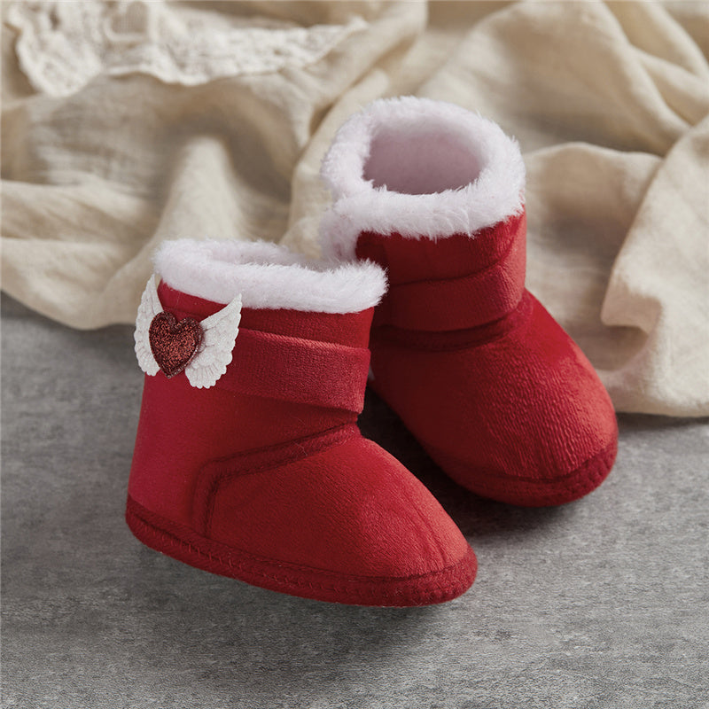 Suefunskry Newborn Baby Winter Snow Boots Contrast Color Ankle Boots Warm Plush Heart Wings Baby Walking Shoes for Toddler 0-18M