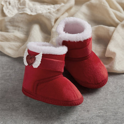 Suefunskry Newborn Baby Winter Snow Boots Contrast Color Ankle Boots Warm Plush Heart Wings Baby Walking Shoes for Toddler 0-18M