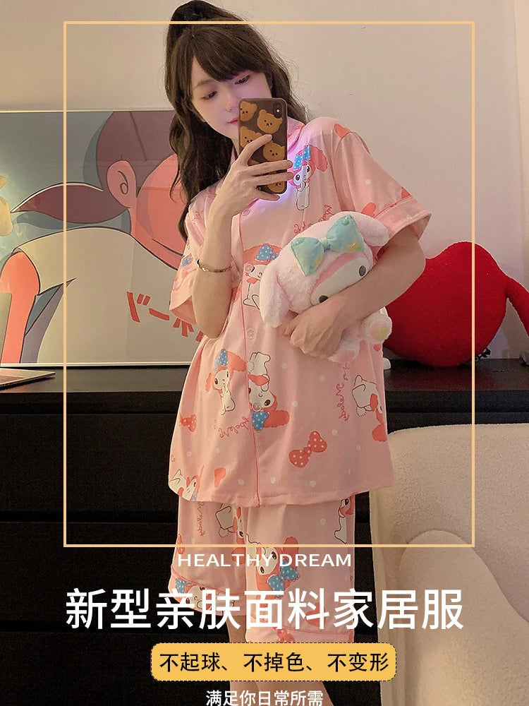 Plus Size Ins Cartoon Pajamas Set Korean Student Summer Internet Celebrity Girl Short Sleeve Shorts Thin Loose Home wear