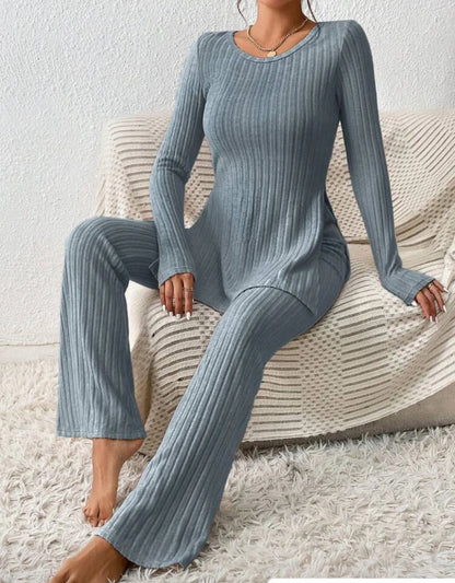 Autumn Winter Women's Clothing New Style Solid Color Sexy Casual Long Sleeved Round Neck Slit Fashion Temperament Two-piece Set